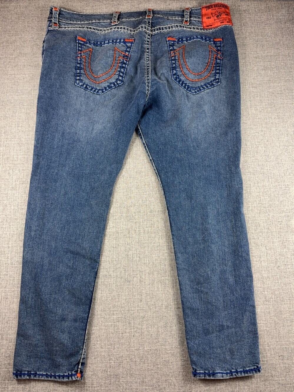 True Religion Rocco Relaxed Skinny Jeans Mens 44 Blue Orange Contrast Stitch